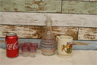 Vintage Red & White Carafe Set w/ Old Mug Lot