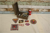 Vintage Patches & Metal Box w/ Office Supplies