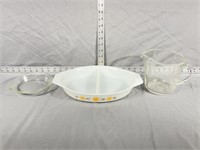 Pyrex divided dish, Measuring cup, Mini pie dish