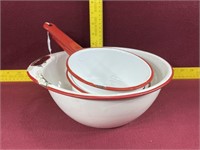 White w/ Red Rim Enamelware Bowl & Sauce Pans