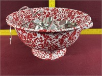 Red & White Enamelware Colander and cookie cutters