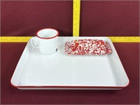 Red & White Enamelware tray, mug and butter dish