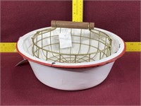 White w/ red trim Enamelware bowls & wire basket
