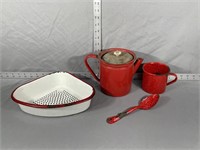 Enamel sink strainer, cup and spoon & pot