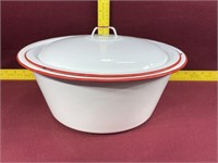 Red w/ white Enamelware Bowl & Lid