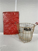 Red ciling tin  piece w/pattern & wire basket, jar