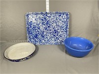 Blue/White Enamelware Tray, Pie dish, more