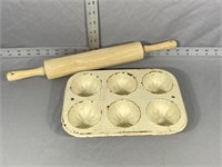 Cast Iron Muffin pan, Wooden Rolling Pin