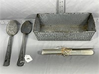 Graniteware Loaf Pan, Serving Spoons, Knives