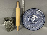 galvanized tin, tray, and rolling pin
