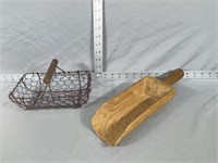 large wooden scoop and wire basket