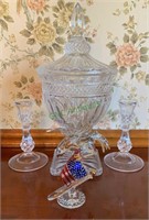 Four piece glass set includes a hand blown glass