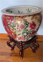 Large Chinese porcelain fishbowl planter on a