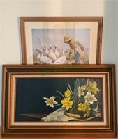 Framed oil painting of daffodils in a pot - still