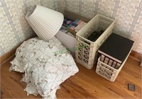 Corner lot includes bed coverlet, lampshade, box