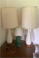 3 modern table lamps, two matched pair white