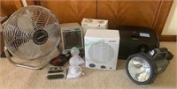 Heater and fan lot, two small clock radios,