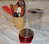 Small Crock filled with Cooking Utensils & More
