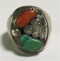 Sterling Silver Turquoise & Coral Ring