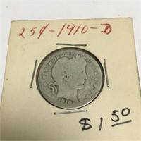 1910 D Silver Barber Quarter