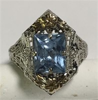 10k White Gold Filigree Ring With Blue Stone