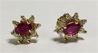 14k Gold, Red Stone & Diamond Earrings