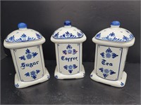 (3) Delft Blue Cannisters Sugar, Coffee, Tea