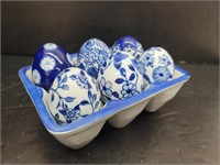 6 Ornate Blue Porcelain Eggs in Holder