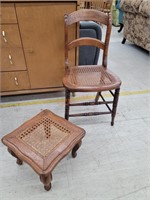 Antique Cane Seat Chair With Footstool
