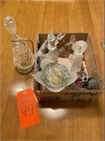 Bells, glass bird figurine, candle holders