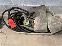 Tub rubber boots, water hose, lawn sprinkler