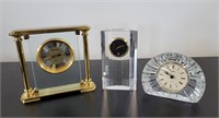 Lot of 3 Assorted Crystal Brass Clocks