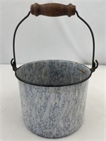 Blue Swirl Tin Pot with Wood Handle