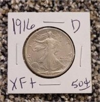 1916-D Walking Liberty Half Dollar: XF+