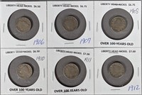 Six Liberty Head Nickels, 1906-1908; 1910-1912