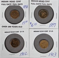 Four Indian Head Cents, Various Dates