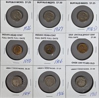Nine Nickels & Cents Set, Various Dates
