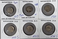 Six Buffalo Nickels, Various Dates