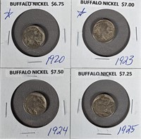 Four 1920s Buffalo Nickels