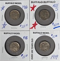 Four Buffalo Nickels, Various Dates