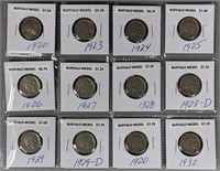 Twelve Buffalo Nickels, Various Dates
