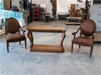 Ornate Wood Hall Table & 2 Arm Chairs