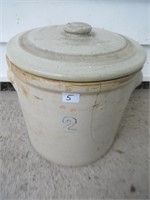 2 GALLON STONEWARE CROCK &  COVER - NOTE CRACKS