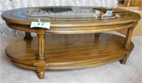 Oval oak coffee table w/ stained glass top, lower