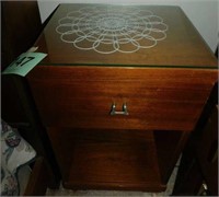 Mid Century 1 drawer solid wood nightstand, glass