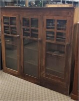 Lg. Antique 3-Door Wood Cabinet w/ Glass Panels