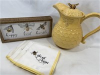 Bee Honeycomb Pitcher, Sign, Cloth Napkins
