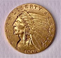 Gold $2 1/2 quarter Eagle 1908 Indian Head