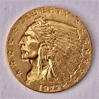 Gold $2 1/2 quarter Eagle 1929 Indian Head