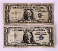 2 - $1 Silver Certificate bills - blue stamp